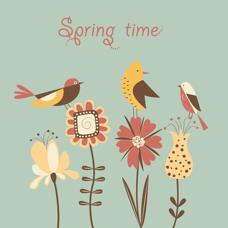 Stylized spring flowers and birds. Vectorの写真素材
