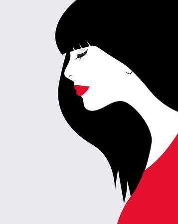 Beautiful Woman with black hair in redの写真素材