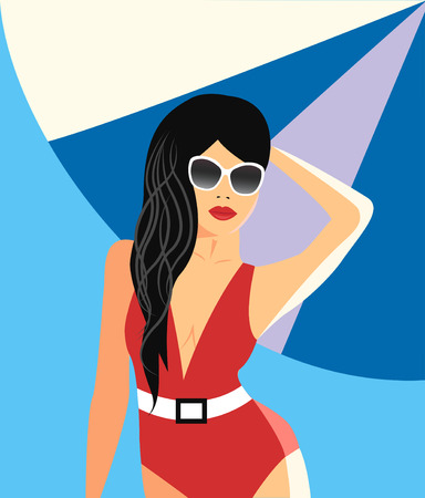 Fashion Woman in swimsuit on the beach under umbrella.の写真素材