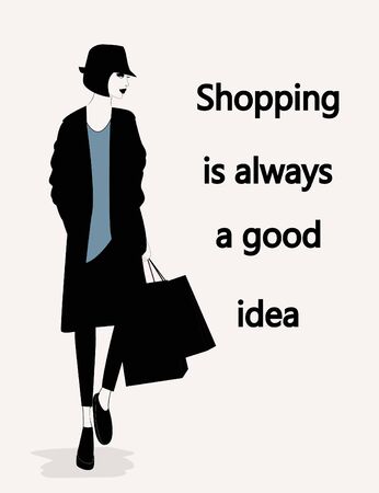 Illustration of Fashion stylish woman with a quote about shopping. Vectorのイラスト素材