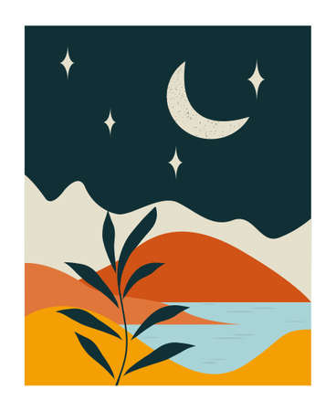 Lanscape with sea and mountains at nightのイラスト素材