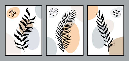 Set of botanical art lines on abstract backgroundsのイラスト素材