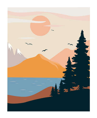 Lanscape with forest,lake and mountainsのイラスト素材