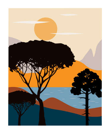 Lanscape with forest,lake and mountainsのイラスト素材