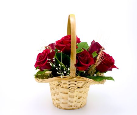 Isolated basket of red rosesの写真素材