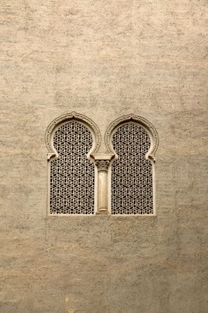 Moorish window in La Aljaferia, Zaragoza, Aragon, Spainの写真素材