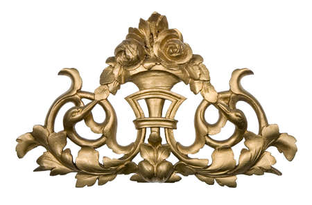 Antique golden wood ornament isolated on whiteの写真素材