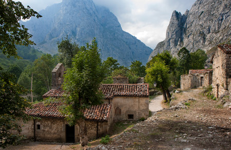 Village of Bulnes in the Peaks of Europe national park, Asturias, Spainの写真素材