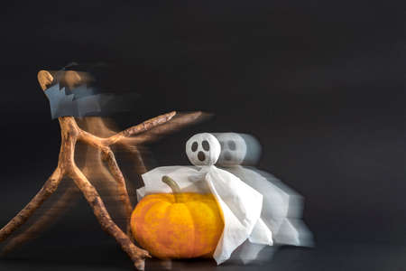 Pumpkin, ghost and bats on black background with blur effect. Copy spaceの写真素材