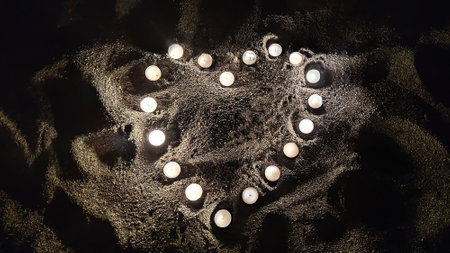 Heart made of small burning candles on sand in dark, concept of love and Valentines Dayの写真素材
