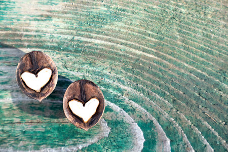 Two halves of split walnut with core in form of white hearts on wooden background turquoise color, concept of Valentines Day and health, copy spaceの写真素材