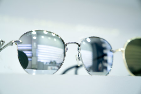 Close-up of round sunglasses with reflective silver lenses, highlighting stylish sleek modern design and metallic frames, fashion-forward accessories, minimalist display, ambianceの写真素材