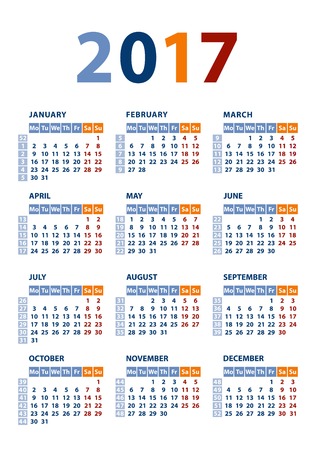 Calendar 2017 template week starts Monday, vector illustrationのイラスト素材