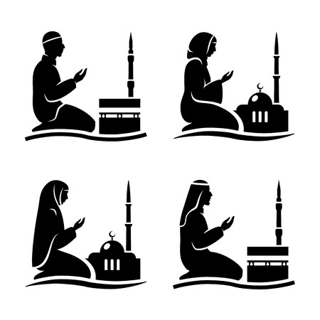 Traditionally clothed muslim man and woman making a supplication (salah) while sitting on a praying rug against the backdrop of the mosque. Silhouette icon set includes 4 versions in different dress. Vector illustration.のイラスト素材