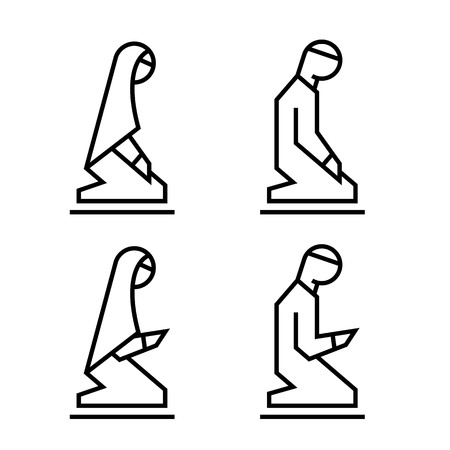 Muslim man and woman making a supplication while sitting on a praying rug. Silhouette icons includes 4 versions islamic prayer in different poses. Vector illustration.のイラスト素材