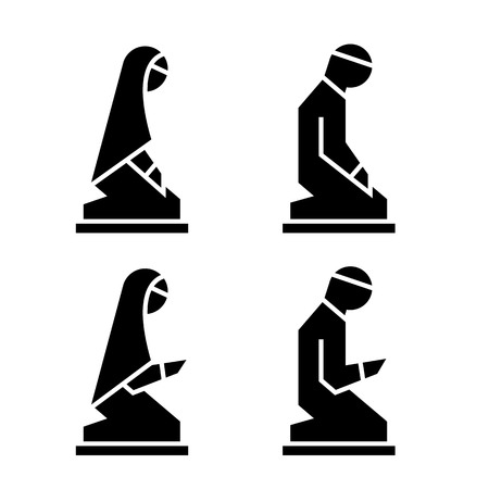 Muslim man and woman making a supplication while sitting on a praying rug. Silhouette icons includes 4 versions islamic prayer in different poses. Vector illustration.のイラスト素材