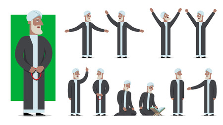 Set of traditionally clothed muslim character poses and emotions. Cartoon style, islam dress code. Vector flat illustration.のイラスト素材