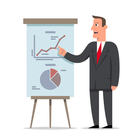 Businessman presents a report using info graphics on the office flip chart. Business decision concept, flat style cartoon character vector illustration.のイラスト素材