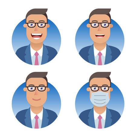 Business avatars set. Businessman or manager different emotions: smile, joy, laughter, attentive service. Blue suit, glasses. Man wearing a medical mask protecting against the COVID-19 pandemic.のイラスト素材