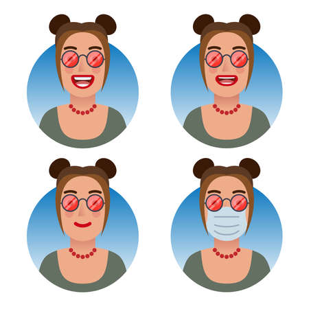Avatars for business and social media accounts set. Woman with red lenses glasses. Various emotions: smile, joy, laughter, attentive service, concern. Medical mask, COVID-19 pandemic protection.のイラスト素材