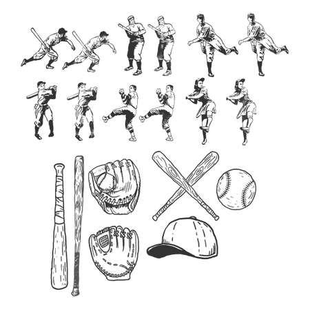 Baseball vector set, sport illustration, retro art setのイラスト素材