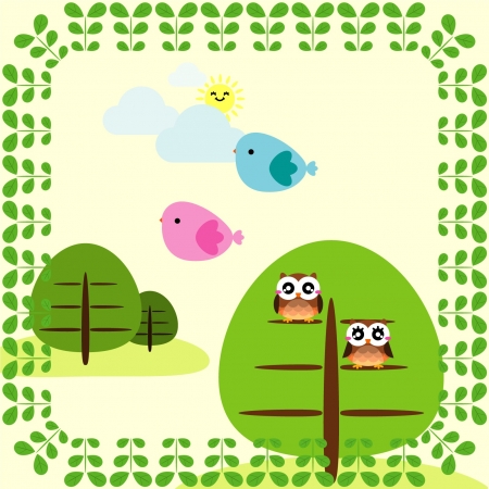 background with trees and birdsのイラスト素材