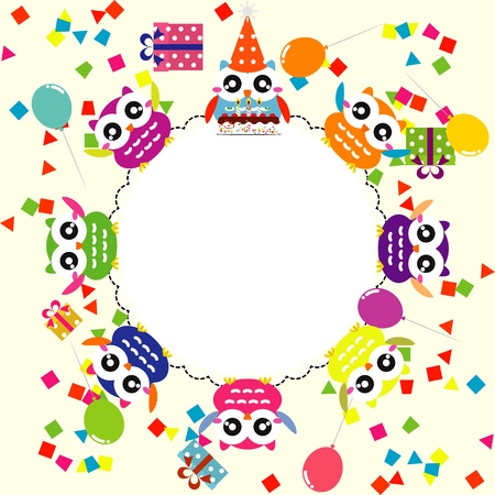 Birthday party card with funny owlsのイラスト素材
