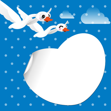 Pair of white swans flying in the sky. Vector illustrationのイラスト素材