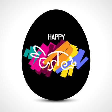Happy Easter lettering with a bunny and an egg for greeting card. Vector illustrationのイラスト素材