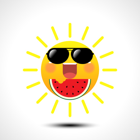 Happy smiling summer sun in sunglasses eating watermelon on white background. Vector illustration.のイラスト素材