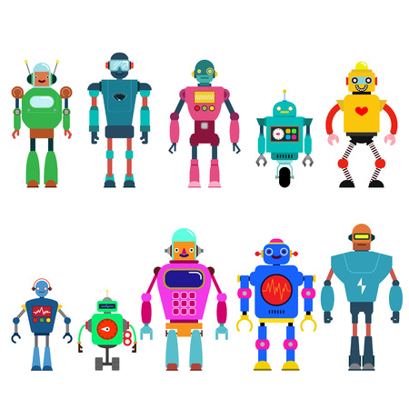 Set Of different cartoon robots characters ,spaceman cyborg isolated on white background. Vector illustrationのイラスト素材