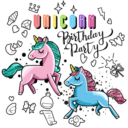 Cute unicorn collection with magic items, rainbow, fairy wings, crystals, clouds, potion. Hand drawn line style. Vector doodles illustrations.のイラスト素材