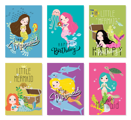 Cute little mermaid with sea animals. Under the sea in cartoon style, Vector illustration.のイラスト素材