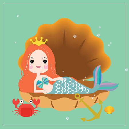 Cute little mermaid with sea animals. Under the sea in cartoon style, Vector illustration.のイラスト素材