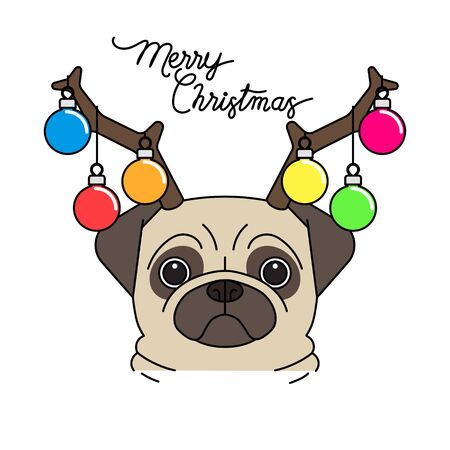Funny Christmas pug puppy dog wearing reindeer antlers diadem for Christmas, Vector illustration.のイラスト素材