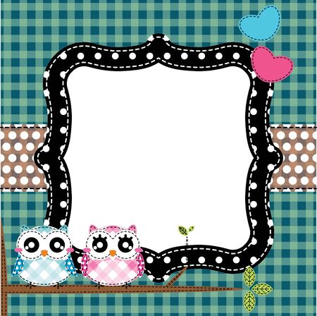 Frame of cute owls on tree branch. Vector illustrationのイラスト素材