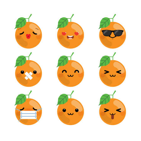 Set of cute cartoon orange emoji set isolated on white background. Vector Illustration.のイラスト素材