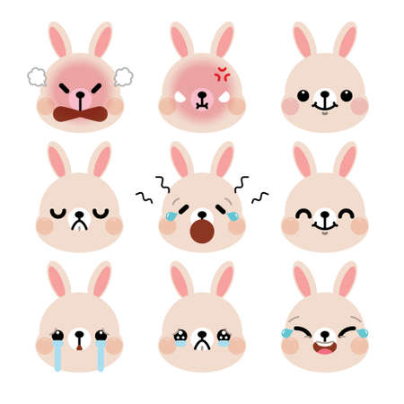 Set of cute cartoon rabbit emoji set isolated on white background. Vector Illustration.のイラスト素材