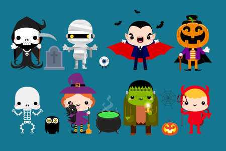 Happy Halloween. Halloween cute character monster set. Halloween Party costume kids. Vector illustrationのイラスト素材