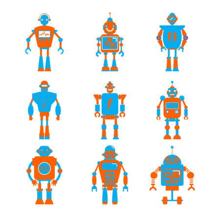Set Of different cartoon robots characters ,spaceman cyborg isolated on white background. Vector illustration.のイラスト素材