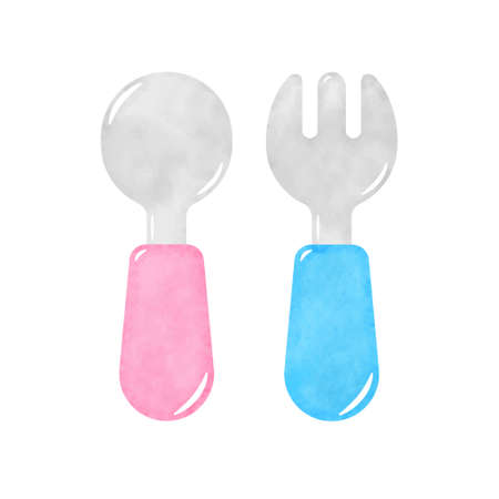 Hand drawn fork and spoon isolated on white background. Hand paint illustration.のイラスト素材