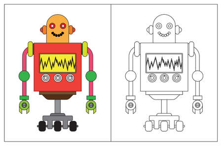 Funny robot cartoon, coloring book or page. Vector illustration.のイラスト素材