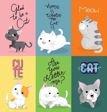 Funny cartoon cats characters different breeds cute pet animal set, vector illustration
