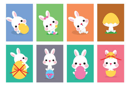 Happy Easter vector illustrations of bunnies, rabbits, Easter egg, birds and bunting for Easter...
