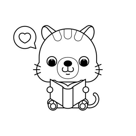 Cute cartoon cat reading book. Adorable animal back to school concept. Coloring book or page. Vector illustration.のイラスト素材