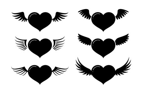 Flying heart with wings silhouette icon set isolated on white background. Heart with wings vector logo. Flat design style. Vector illustration.のイラスト素材