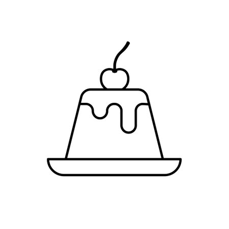 Pudding topped with cherry on plate line icon. Fresh dessert illustration of a piece of caramel pudding topped with cherry. Coloring book for children.のイラスト素材