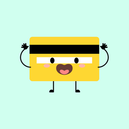 Cute smiling bank credit card or debit finanace cartoon character emoji icon. Vector illustration in kawaii cartoon style.のイラスト素材