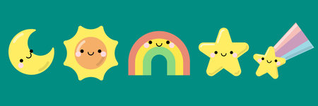 Set of cute Kawaii sky Objects. The set contains six cute objects such as falling star, rainbow, star, moon, and sun. Cute illustration for kids, baby book, fairy tales, covers, baのイラスト素材