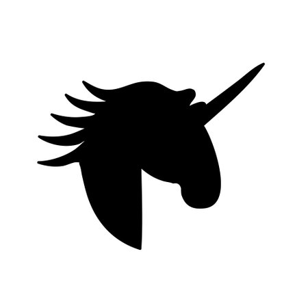 Unicorn head silhouette icon isolated on white background. Black shape of unicorn's head. Vector illustration.のイラスト素材